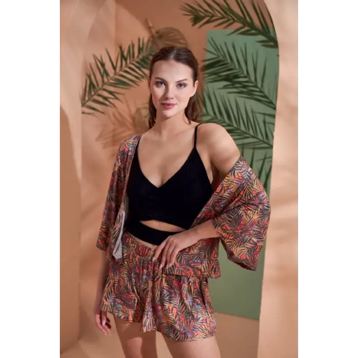 LYYN Pjs 27003 Viskon Kimono Croplu Şort Takım