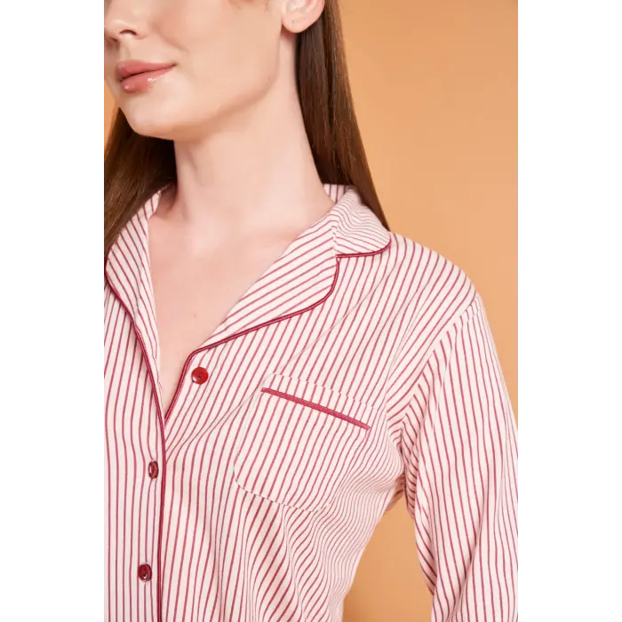 LYYN Pjs 28001 Kadın Uzun Kol Çizgili Önü Düğmeli Pijama Takım