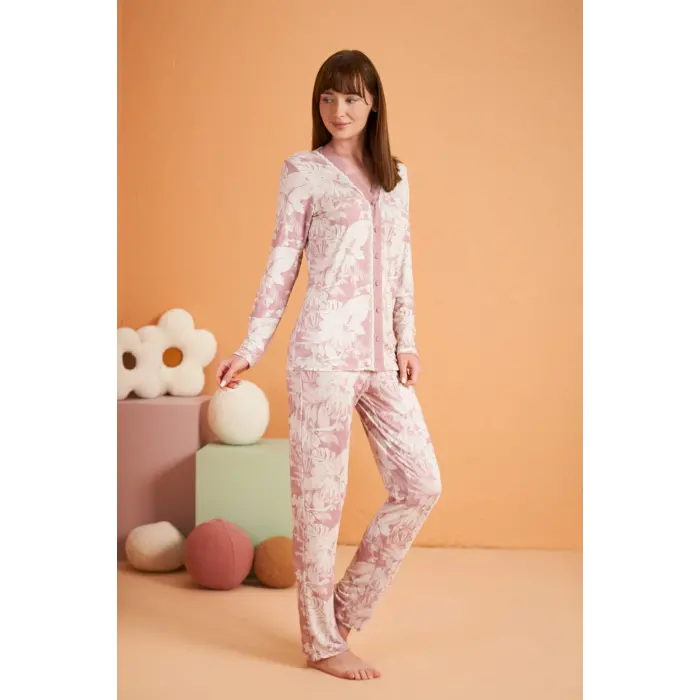 LYYN Pjs 28017 Kadın Uzun Kol Önü Düğmeli Pijama Takım