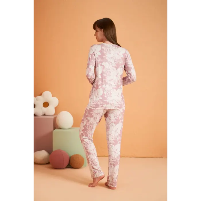 LYYN Pjs 28017 Kadın Uzun Kol Önü Düğmeli Pijama Takım