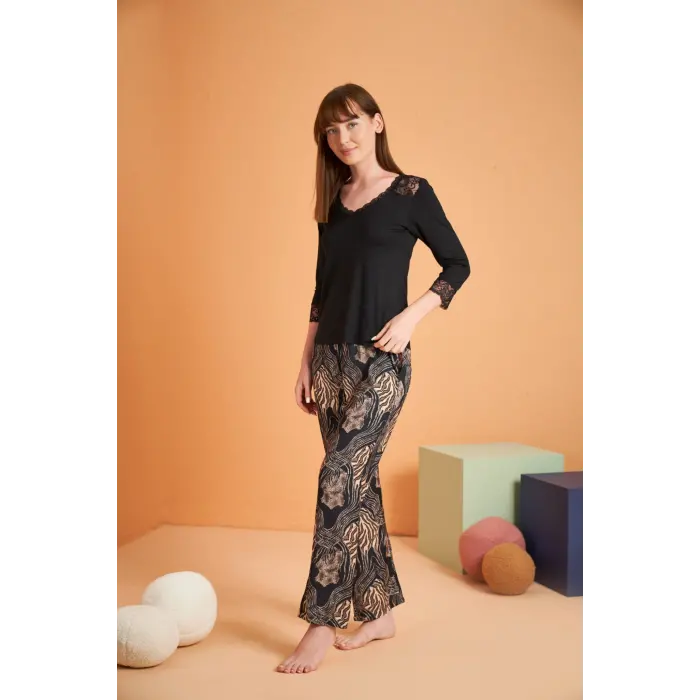LYYN Pjs 28040 Kadın V Yaka Pijama Takım
