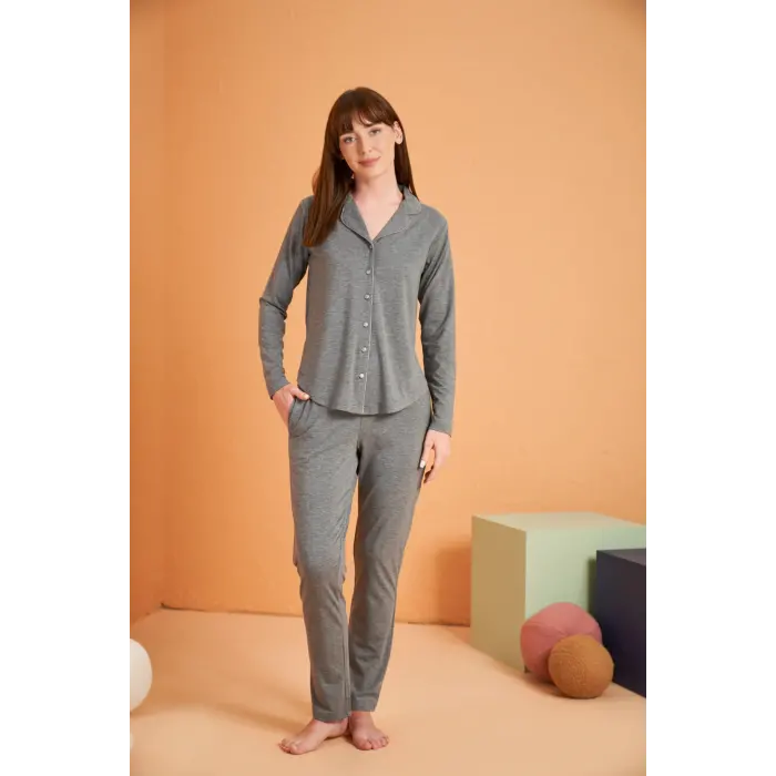 LYYN Pjs 28049 Kadın Uzun Kol Önü Düğmeli Pijama Takım