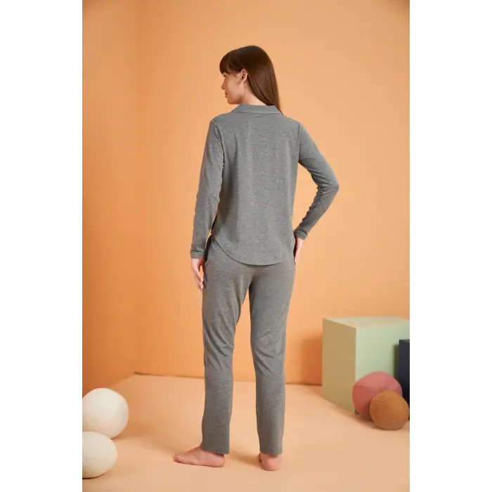 LYYN Pjs 28049 Kadın Uzun Kol Önü Düğmeli Pijama Takım