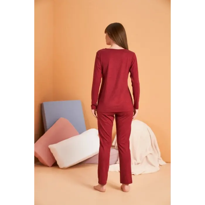 LYYN Pjs 28091 Kadın V Yaka Uzun Kol Pijama Takımı