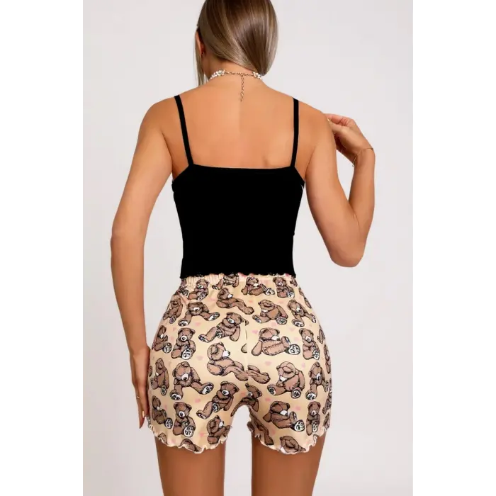 LYYN Renkli Ayıcık Desenli Askılı Şortlu Kadın Pijama Takımı