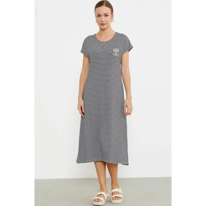 LYYN Sementa 77489 Nakış Detaylı Marine Penye Elbise