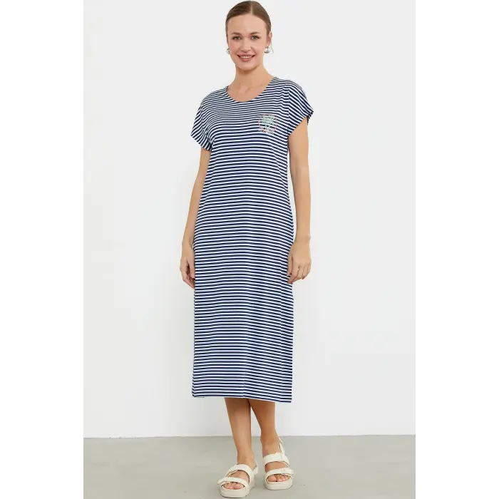 LYYN Sementa 77489 Nakış Detaylı Marine Penye Elbise