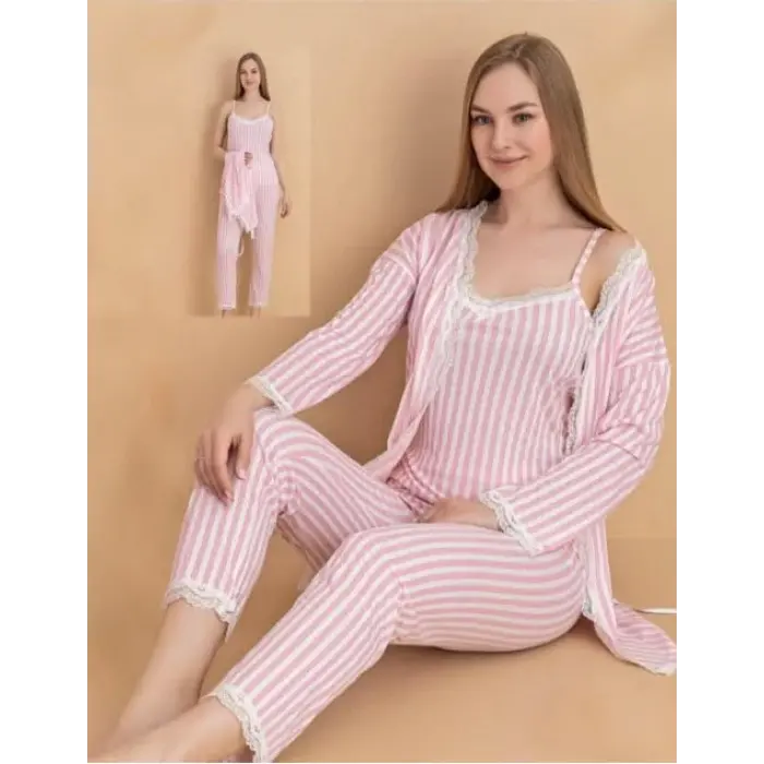 LYYN Stil Moda 6064 Kadın Çizgili Askılı Sabahlıklı Pijama Takımı