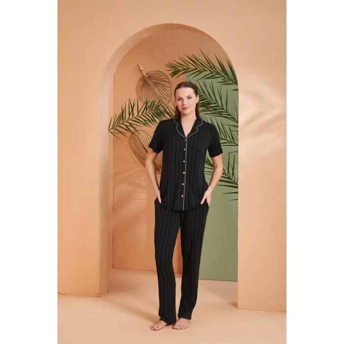 Pjs 27042 Kadın Kısa Kol Çizgili Önü Düğmeli Pijama Takımı