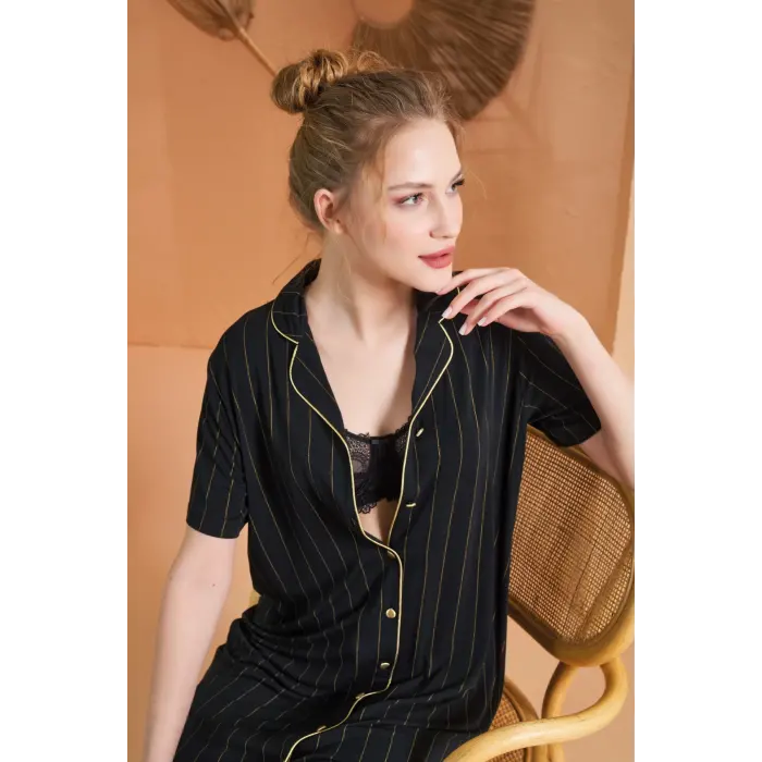 Pjs 27043 Kadın Kısa Kol Çizgili Önü Düğmeli Gecelik