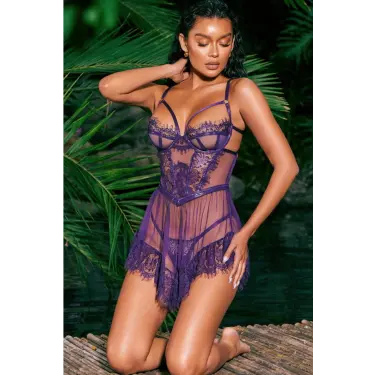 Britli Mor Takım Dantel Transparan Gecelik