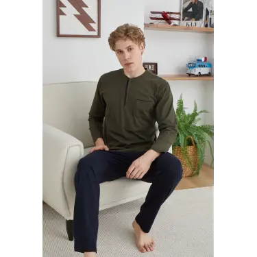 Erkek 9111 Battal  Erkek   Midi Yaka Pijama Takımı