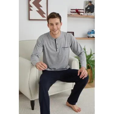 Erkek 9111 Battal  Erkek   Midi Yaka Pijama Takımı