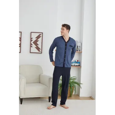 Erkek 9252 Erkek   V Yaka Boydan Düğmeli Pijama Takımı