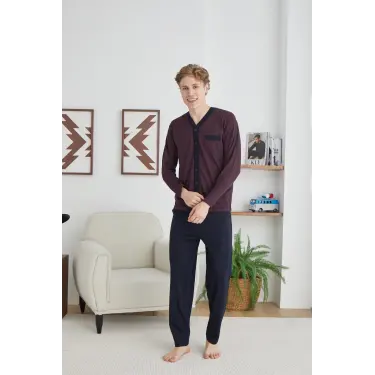 Erkek 9252 Erkek   V Yaka Boydan Düğmeli Pijama Takımı