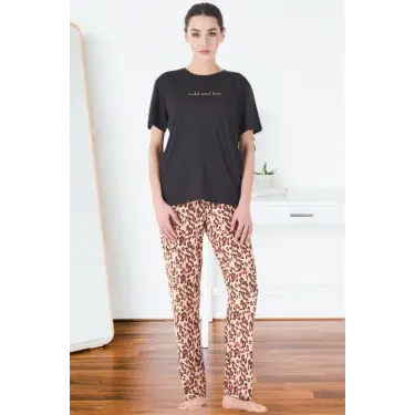 Estiva 25161 Kadın Marla Leoparlı Kısa Kol Pijama Takımı
