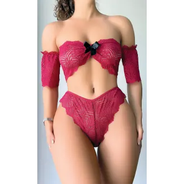 Fiyonk Detaylı Kırmızı Dantel Sütyen Külot Takım