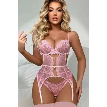 For Dreams 8465 Dantelli Kalp Aksesuar Detaylı Jartiyerli Büstiyer Çorap Takım