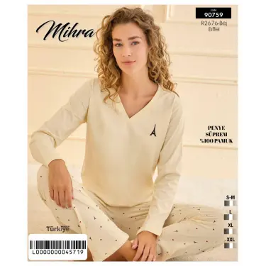 LYYN  90759 Kadın V Yaka Uzun Kol Pijama Takımı