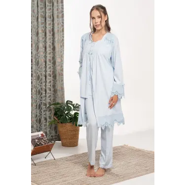 LYYN Bone 6109 Dantel Detaylı Sabahlıklı Lohusa Pijama Takımı
