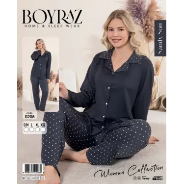 LYYN Boyraz 0205 Kadın Sandy Patlı Uzun Kol Pijama Takımı