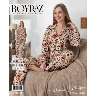 LYYN Boyraz 0348 Kadın Süet Patlı Uzun Kol Pijama Takımı