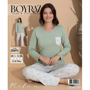 LYYN Boyraz 20693 Kadın Milan Uzun Kol Pijama Takımı