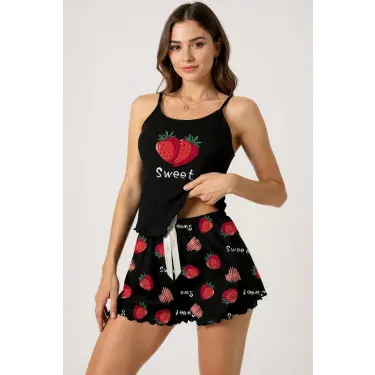 LYYN Çilek Baskılı Siyah Askılı Şortlu Pijama Takımı