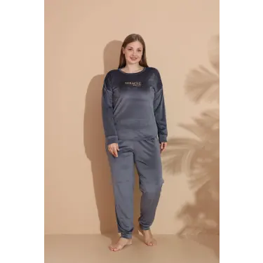 LYYN Estiva 25393 Uzun Kol Battal Kadife Pijama Takımı