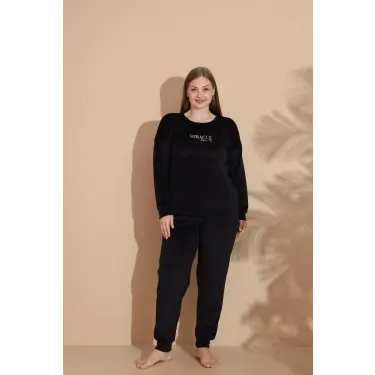 LYYN Estiva 25394 Uzun Kol Battal Kadife Pijama Takımı