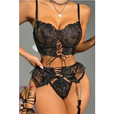 LYYN For Dreams 8451 Siyah Tül Puantiye Ve Bağlama Detaylı Zincirli Jartiyer Takım