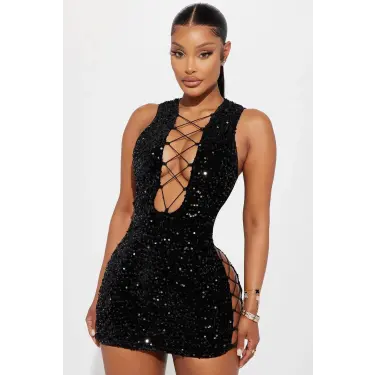 LYYN For Dreams 8484 Payetli Fantezi Siyah Mini Elbise