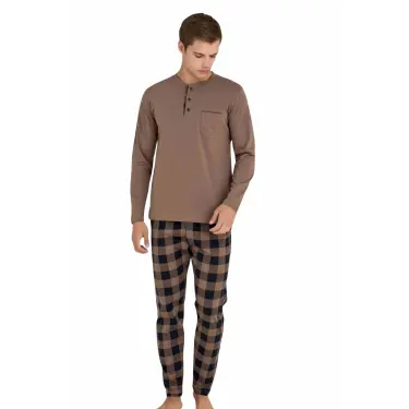 LYYN KLY Battal Erkek Kışlık Pijama Takımı Nescafe Rengi 9108 % 100 Pamuk