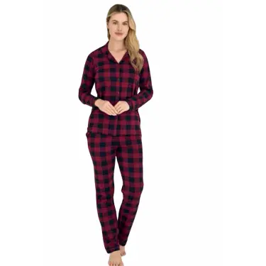 LYYN Kly Kadın Kareli Önden Düğmeli Mürdüm Kışlık Pijama 9205