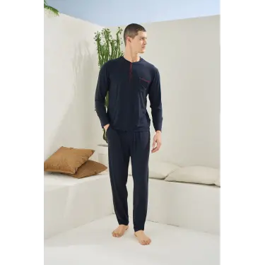LYYN Kocabey 9220 Erkek Midi Yaka Uzun Kol Pijama Takım