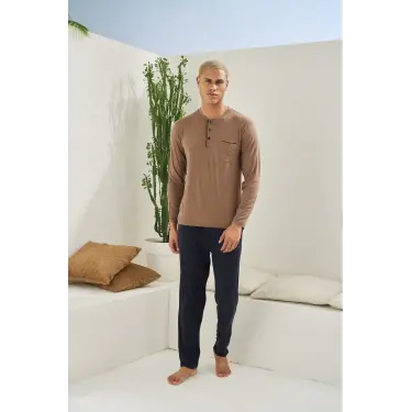 LYYN Kocabey 9220 Erkek Midi Yaka Uzun Kol Pijama Takım