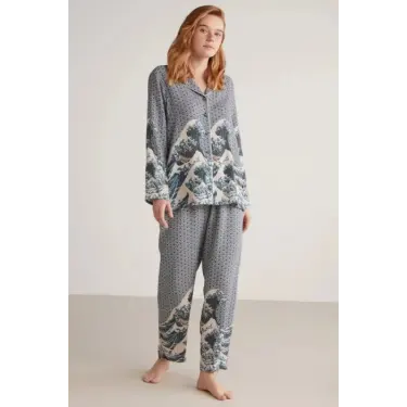LYYN Nautıca W617 Kadın Uzun Kollu Önden Düğmeli Pijama Takımı