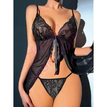 LYYN Nightlight 7007 Dantel Göğüs Kısmı Dantel Yırtmaçlı Mini Gecelik