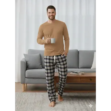 LYYN Pijalüx Tek Alt Kareli Kalın Poplin Ev Pantalonu