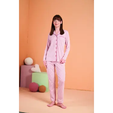 LYYN Pjs 28001 Kadın Uzun Kol Çizgili Önü Düğmeli Pijama Takım