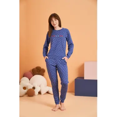 LYYN Pjs 28081 Kadın Uzun Kol Yuvarlak Yaka Kalpli Pijama Takım