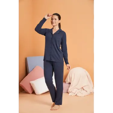 LYYN Pjs 28090 Kadın Gömlek Yaka Patlı Pijama Takımı