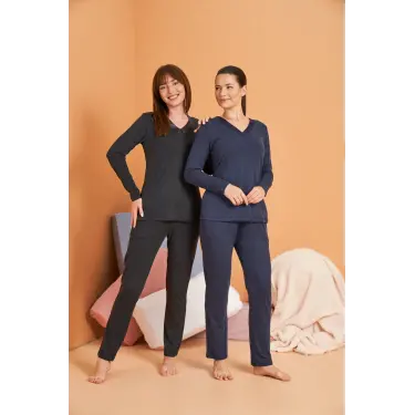 LYYN Pjs 28091 Kadın Uzun Kol V Yaka Pijama Takımı
