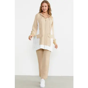 LYYN Sementa 76448 Keten Görünümlü Kapüşonlu Tunik Takım