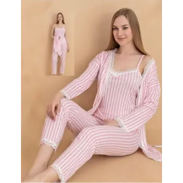 LYYN Stil Moda 6064 Kadın Çizgili Askılı Sabahlıklı Pijama Takımı