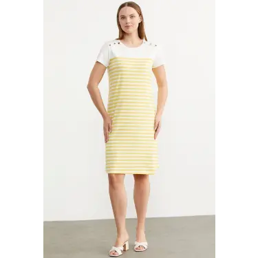 Sementa 77482 Düğme Detaylı Çizgili Penye Elbise