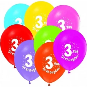BALONEVİ İYİ Kİ DOĞDUN 3 YAŞ BASKILI PASTEL BALON 12Lİ