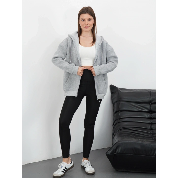 3 iplik şardonlu fermuarlı kapşonlu hırka gri