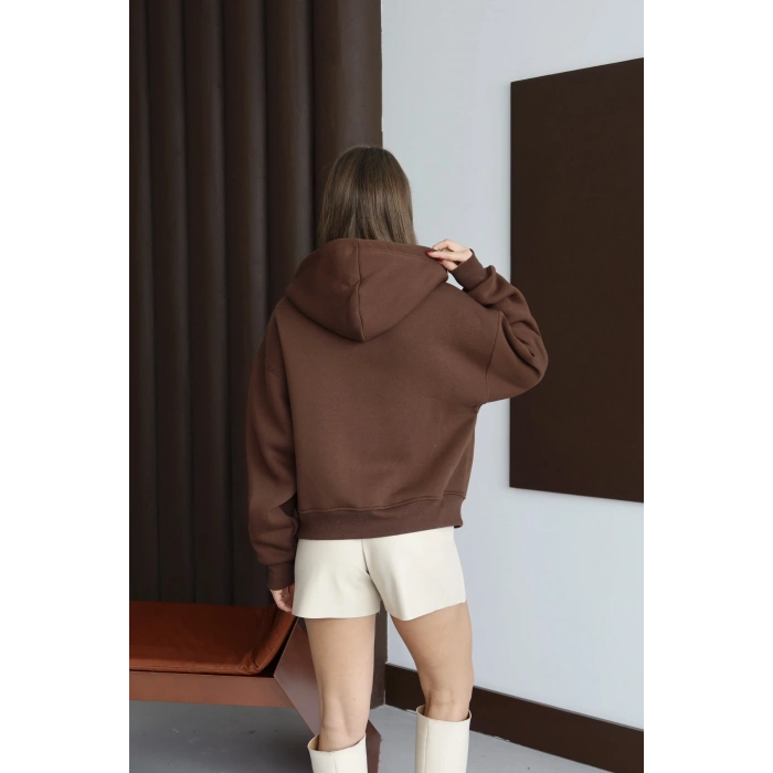 3 iplik şardonlu kapşonlu hoodie frm kahve p510437