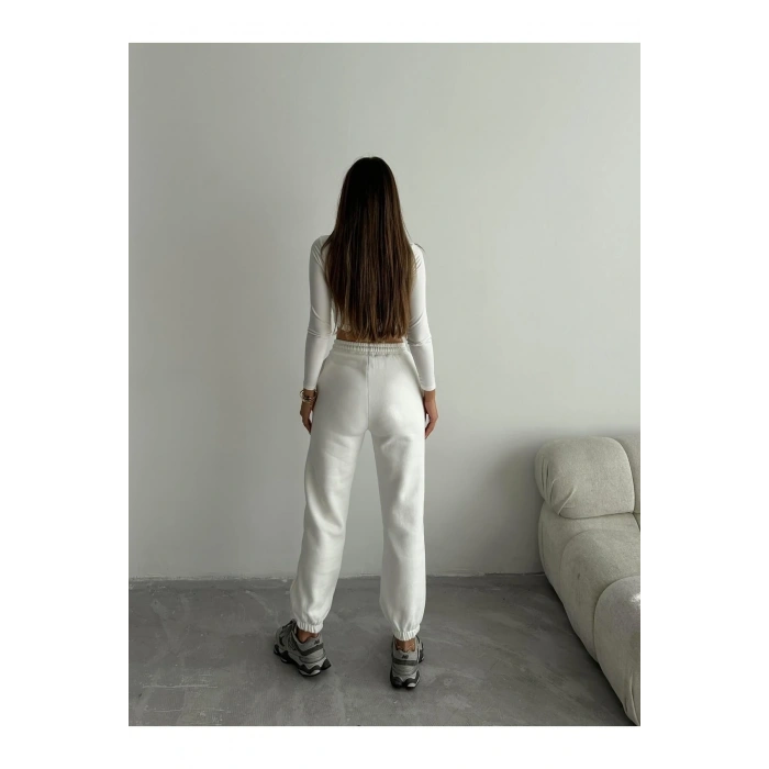 3 iplik şardonlu paça lastikli eşofman beyaz is001